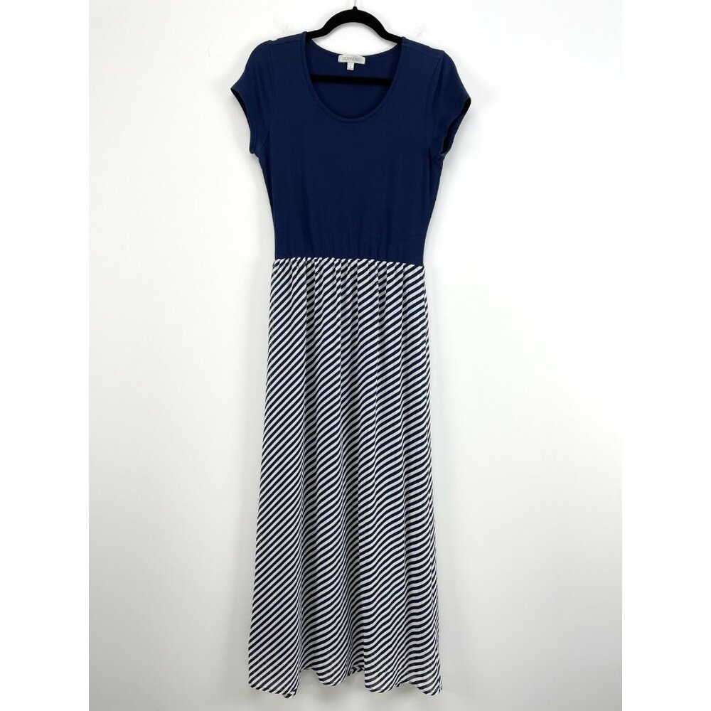 Downeast Womens Small Navy Striped Nautical Maxi Dress‎ Stretch Short Sleeve